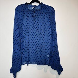 BL^NK London Polka Dot Blouse Blue Black Sheer Ruffle Neck Tie Boho Size M NWOT